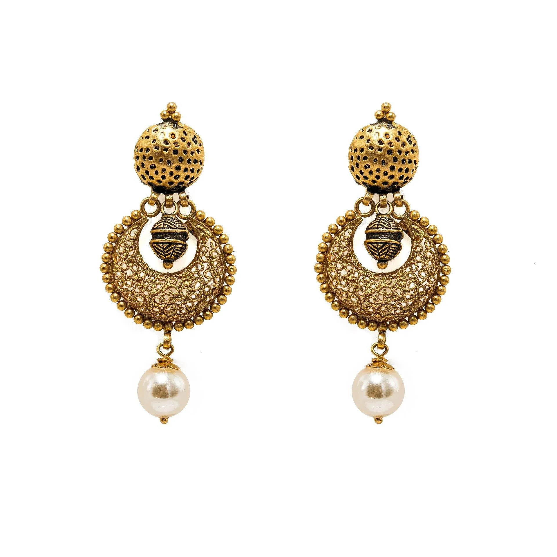 22K Yellow Gold Necklace & Chandbali Earrings Set W/ Pearls & Hallow Textured Beads