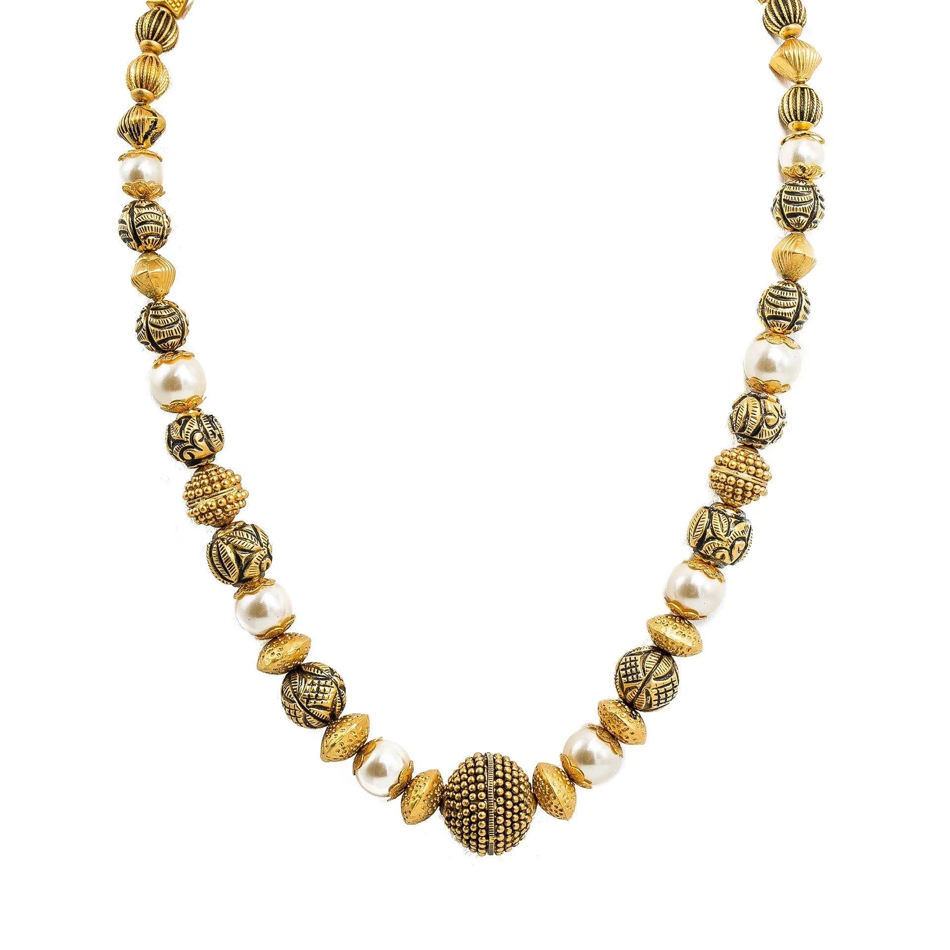 22K Yellow Gold Necklace & Chandbali Earrings Set W/ Pearls & Hallow Textured Beads