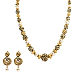 22K Yellow Gold Necklace & Chandbali Earrings Set W/ Pearls & Hallow Textured Beads