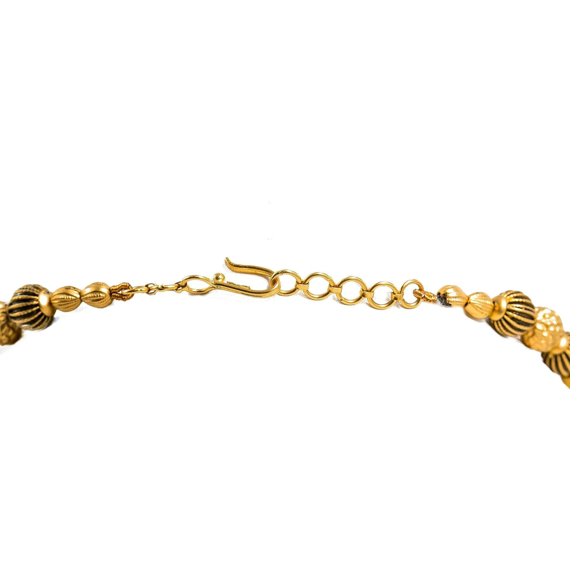 22K Yellow Gold Necklace & Chandbali Earrings Set W/ Pearls & Hallow Textured Beads