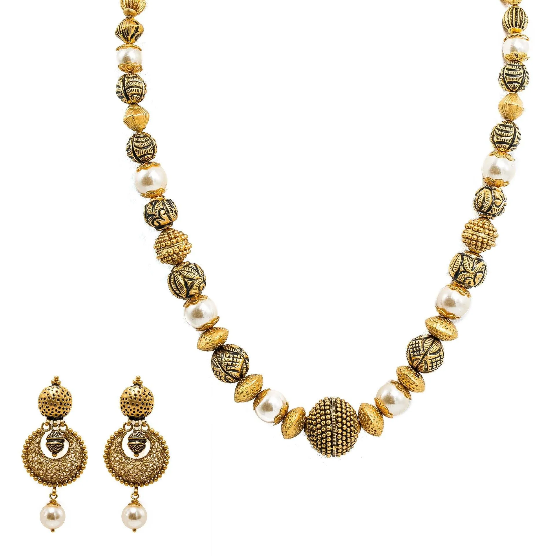 22K Yellow Gold Necklace & Chandbali Earrings Set W/ Pearls & Hallow Textured Beads