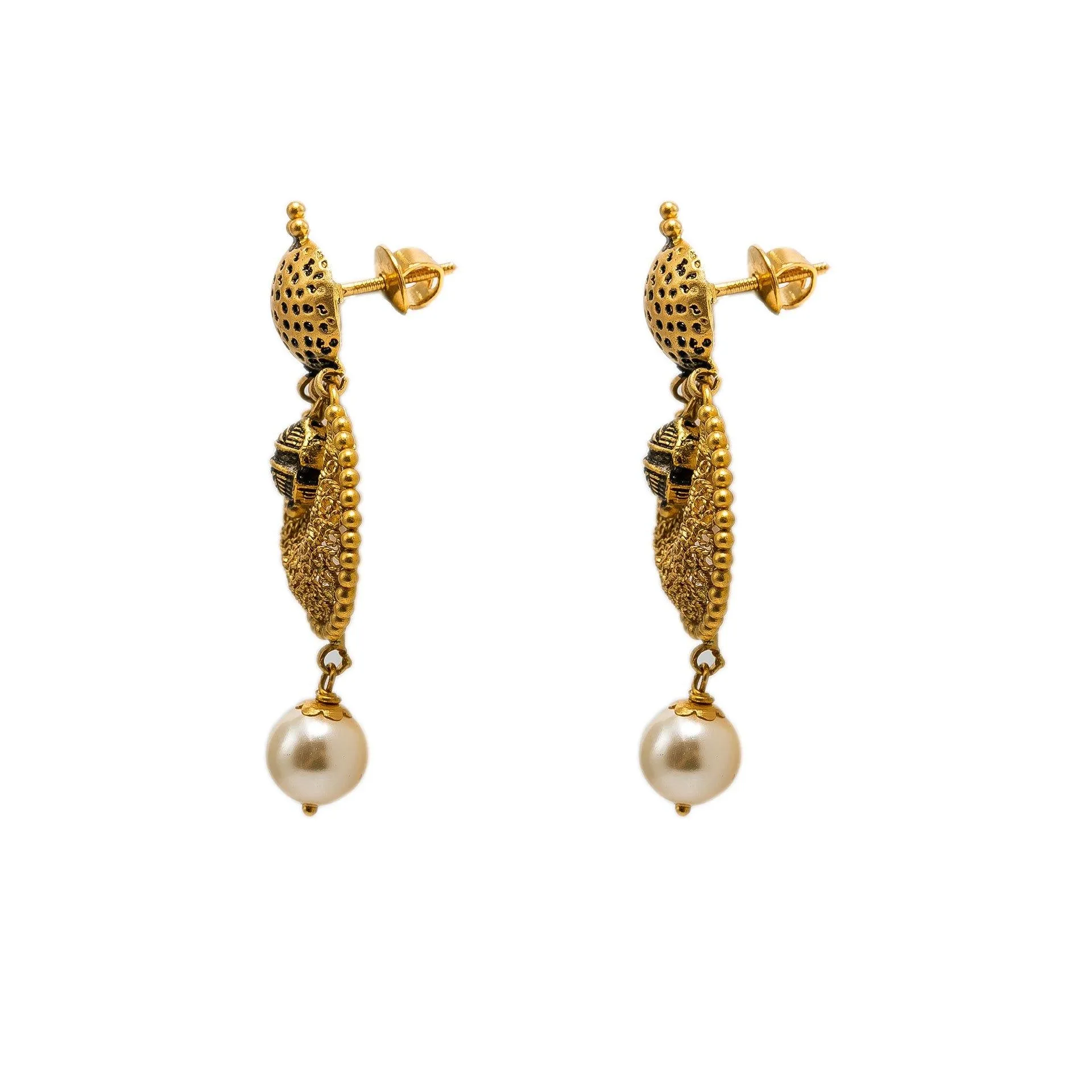 22K Yellow Gold Necklace & Chandbali Earrings Set W/ Pearls & Hallow Textured Beads
