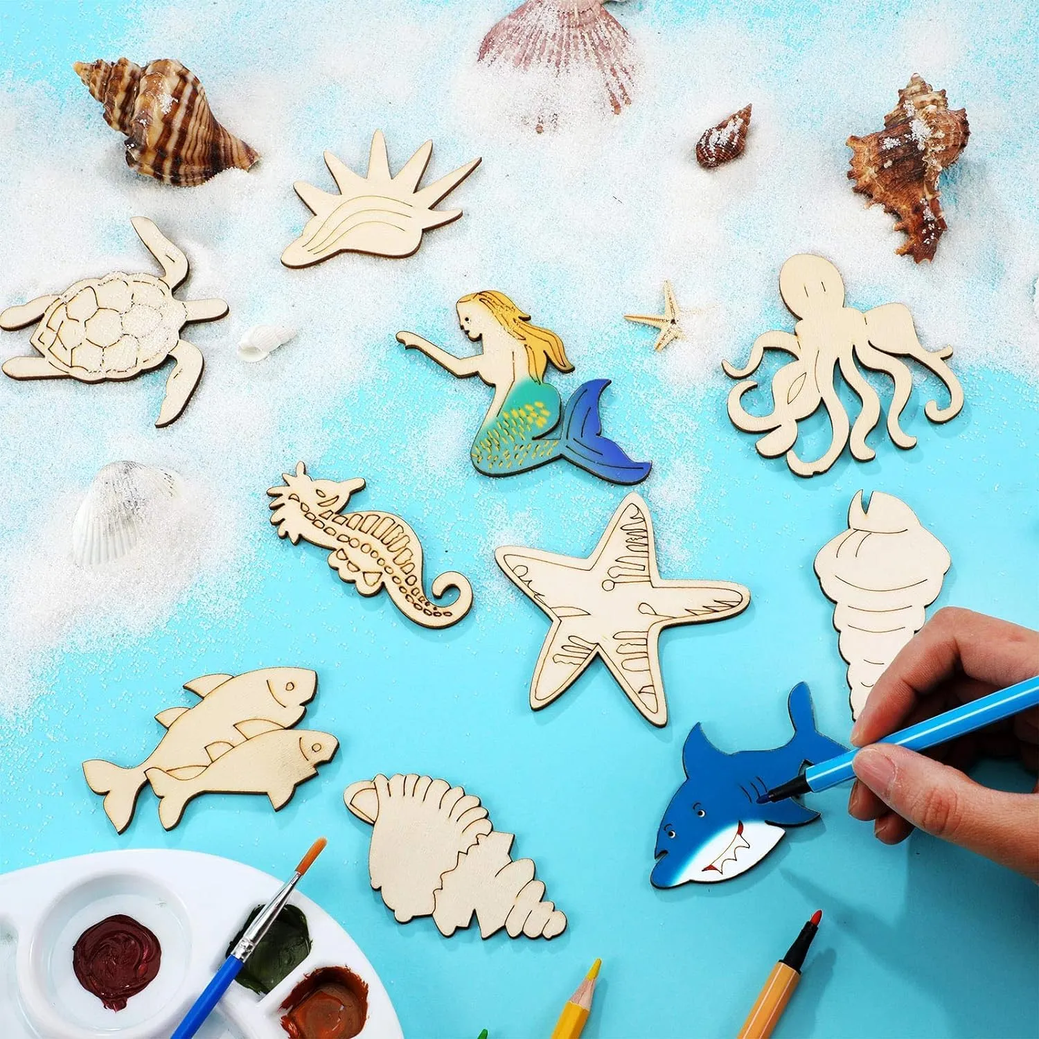 American Elm 30 Piece Unfinished Wood Cutouts Ocean Animals Wooden Crafts Animal for Kid Home Decor Ornament DIY Craft (3.9 x 0.1 Inch)