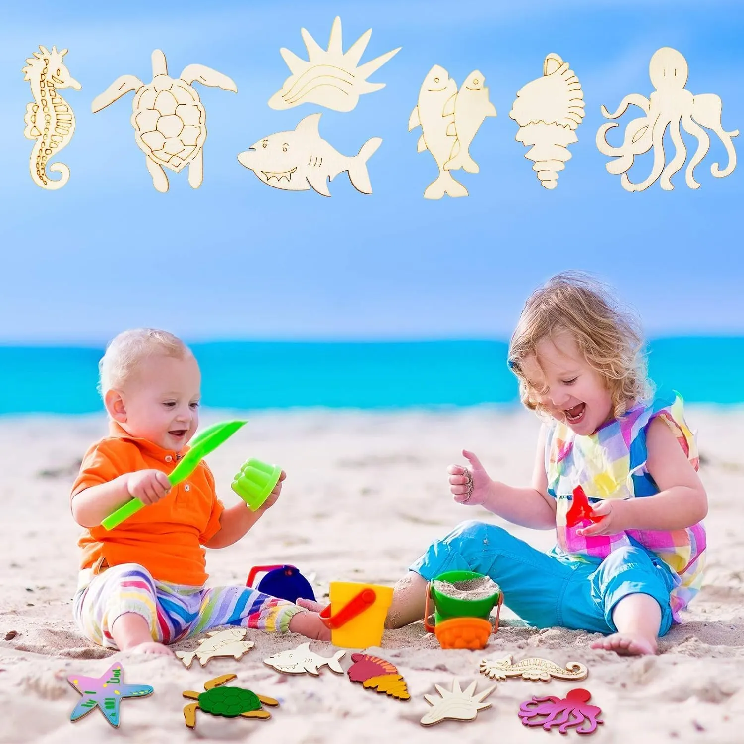 American Elm 30 Piece Unfinished Wood Cutouts Ocean Animals Wooden Crafts Animal for Kid Home Decor Ornament DIY Craft (3.9 x 0.1 Inch)