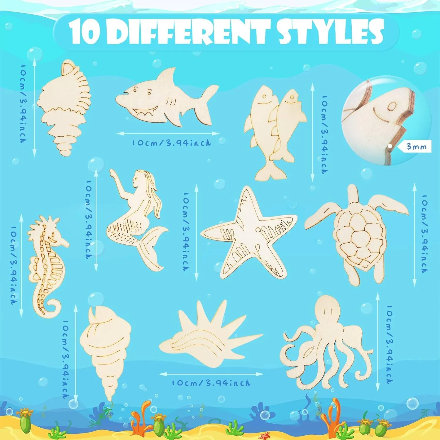 American Elm 30 Piece Unfinished Wood Cutouts Ocean Animals Wooden Crafts Animal for Kid Home Decor Ornament DIY Craft (3.9 x 0.1 Inch)