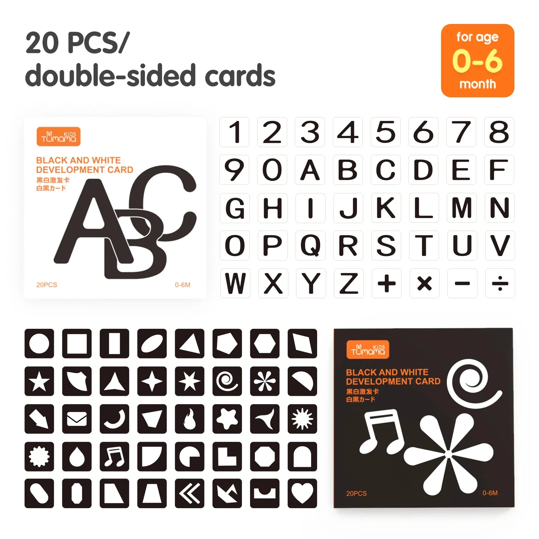 Black white flash cards (80pcs), high contrast visual stimulation toy alphabet shapes color food, learning card for newborn 0 Month 
