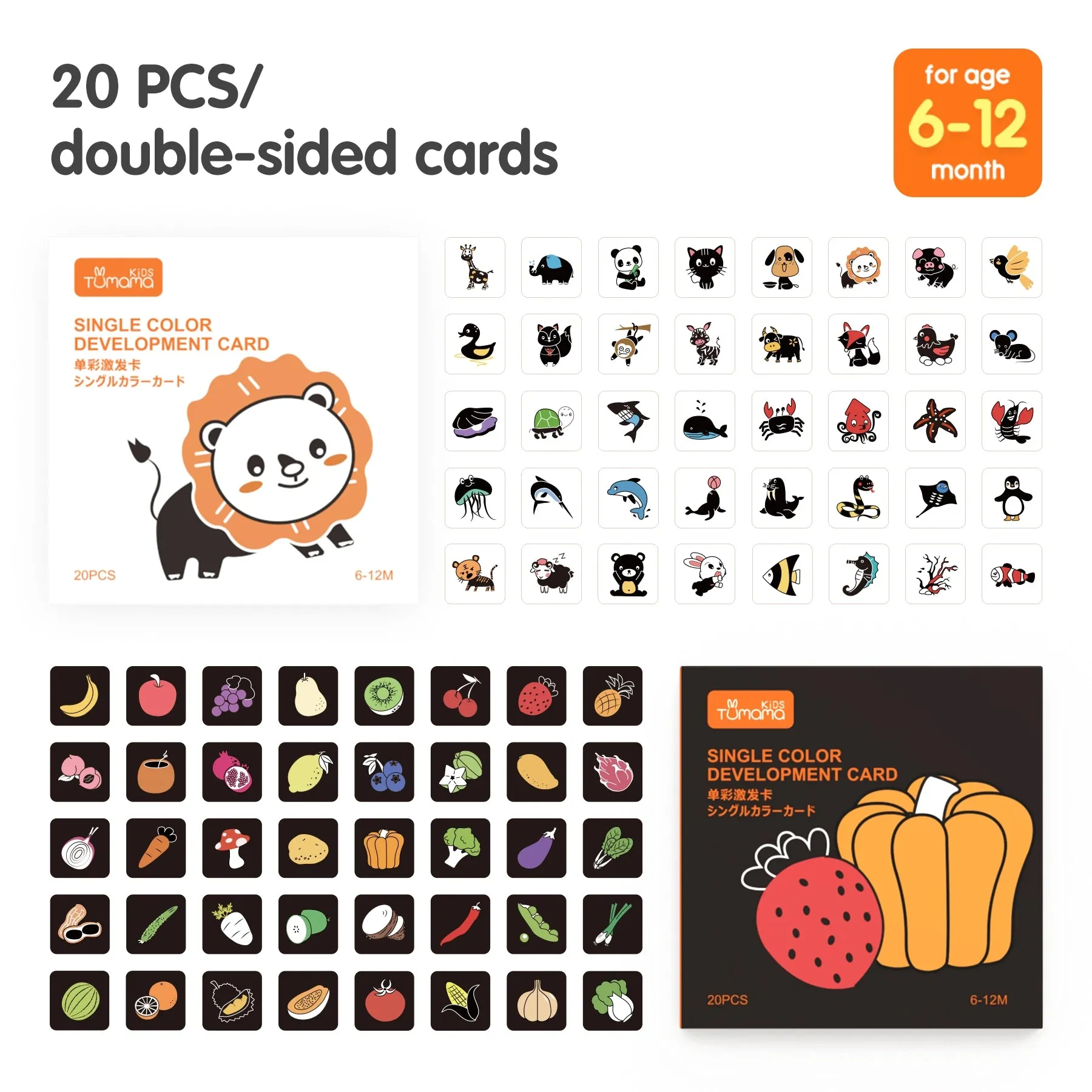 Black white flash cards (80pcs), high contrast visual stimulation toy alphabet shapes color food, learning card for newborn 0 Month 