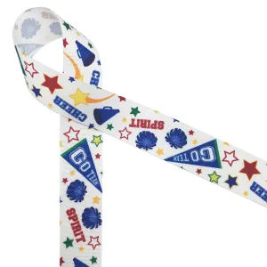 Cheerleading ribbon printed on 1.5" white grosgrain ribbon