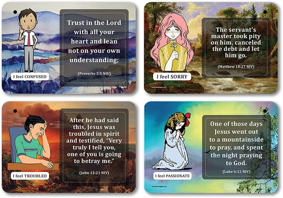 NewEights Bible Emotions Fun Facts Learning Cards (3 Set x 12 Cards) - Church Stocking Stuffers Gifts for Church Members, Adults, Teens, Kids
