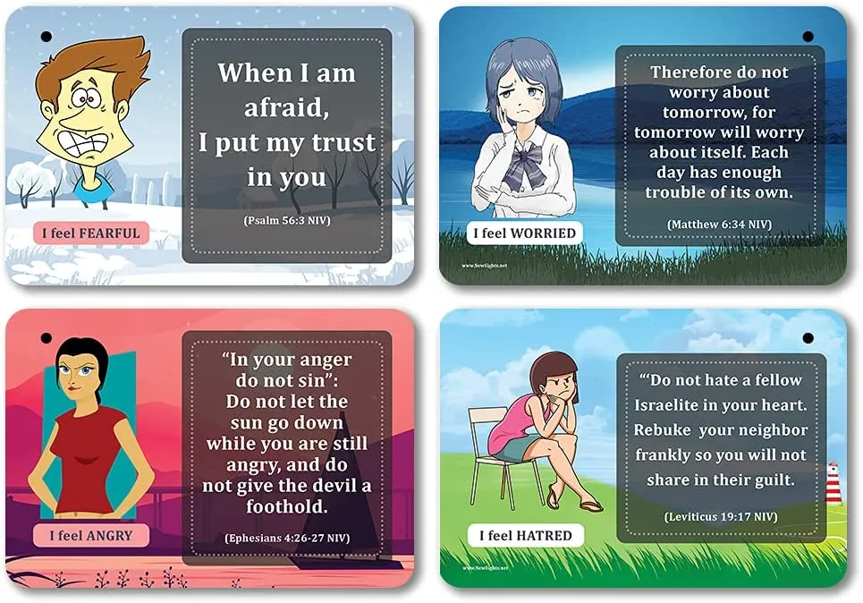 NewEights Bible Emotions Fun Facts Learning Cards (3 Set x 12 Cards) - Church Stocking Stuffers Gifts for Church Members, Adults, Teens, Kids