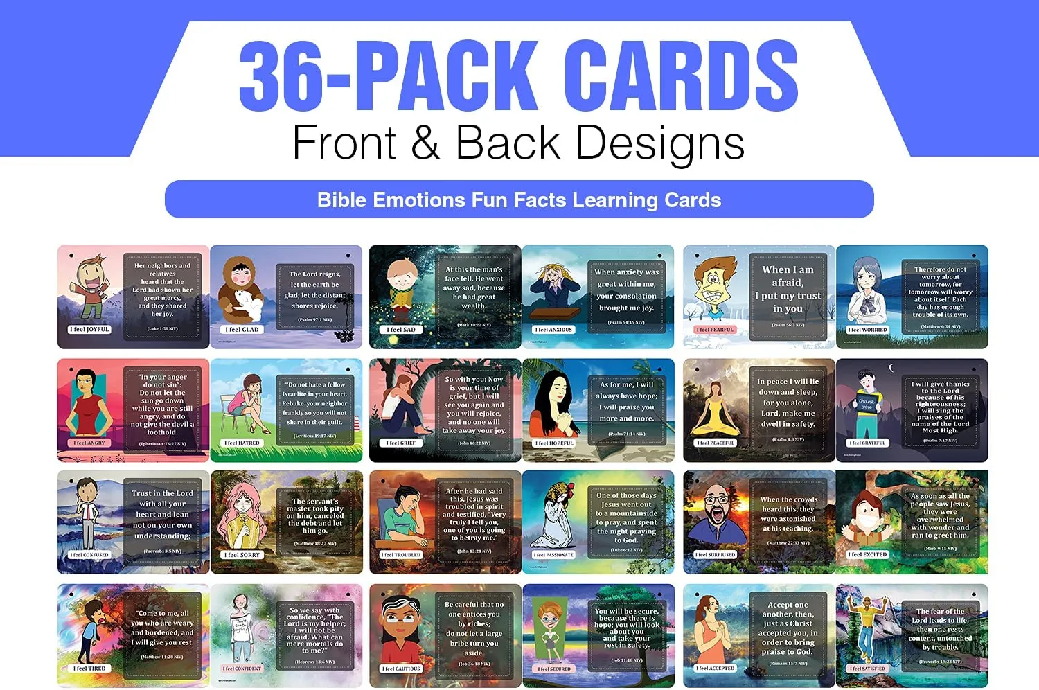NewEights Bible Emotions Fun Facts Learning Cards (3 Set x 12 Cards) - Church Stocking Stuffers Gifts for Church Members, Adults, Teens, Kids