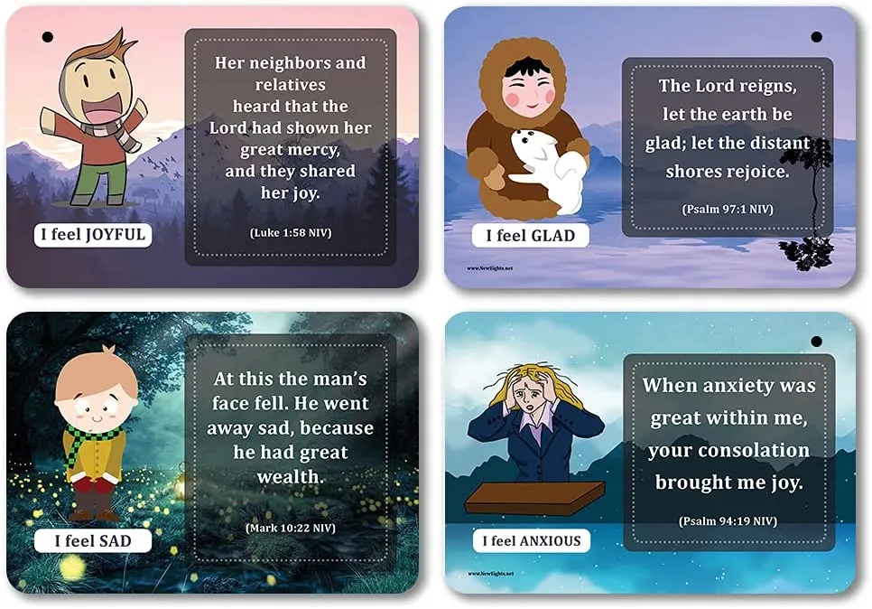 NewEights Bible Emotions Fun Facts Learning Cards (3 Set x 12 Cards) - Church Stocking Stuffers Gifts for Church Members, Adults, Teens, Kids