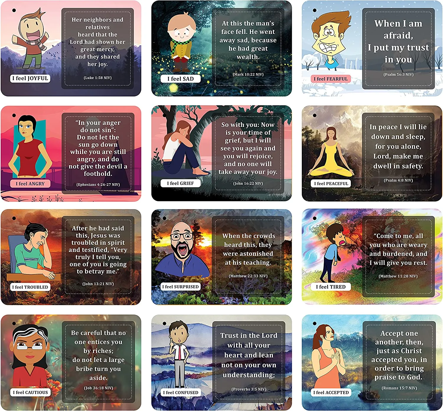 NewEights Bible Emotions Fun Facts Learning Cards (3 Set x 12 Cards) - Church Stocking Stuffers Gifts for Church Members, Adults, Teens, Kids
