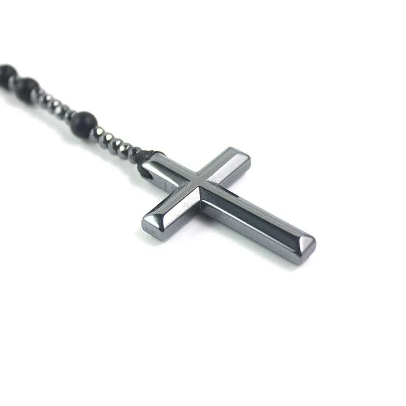 Polished Hematite Stone Rosary with Polished Black Cross Pendant Necklace