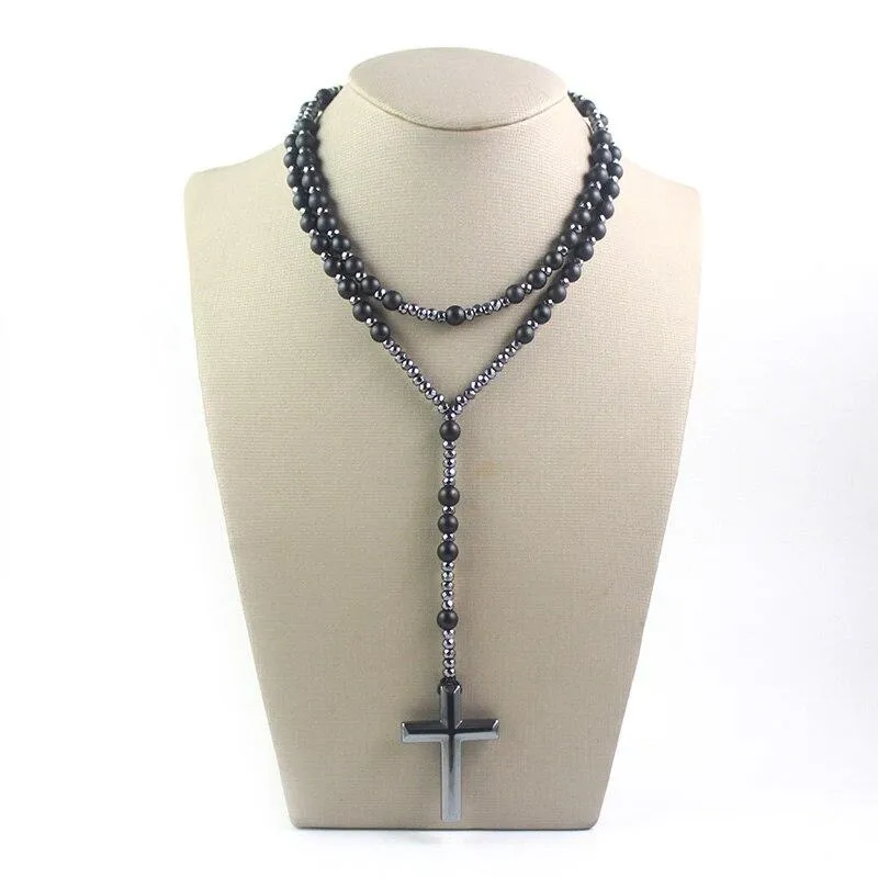 Polished Hematite Stone Rosary with Polished Black Cross Pendant Necklace
