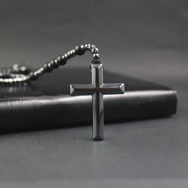 Polished Hematite Stone Rosary with Polished Black Cross Pendant Necklace