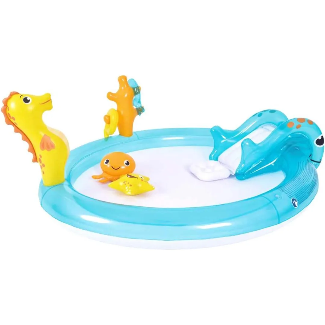 Sun Club Inflatable Water Pool with slide Blow up Sea Animal Play Swimming Pool, Water Spray/Ring Toss