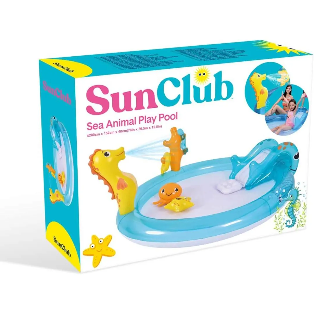 Sun Club Inflatable Water Pool with slide Blow up Sea Animal Play Swimming Pool, Water Spray/Ring Toss