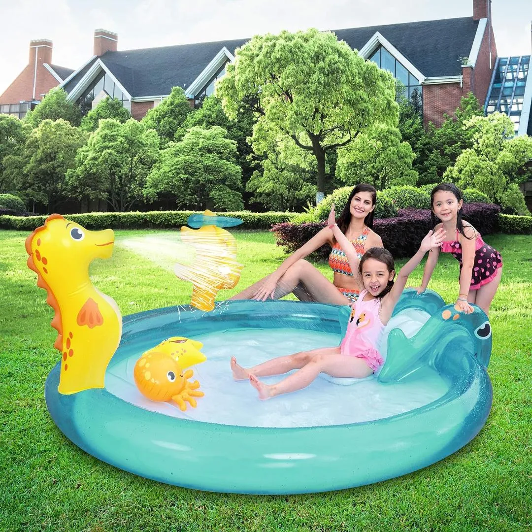Sun Club Inflatable Water Pool with slide Blow up Sea Animal Play Swimming Pool, Water Spray/Ring Toss