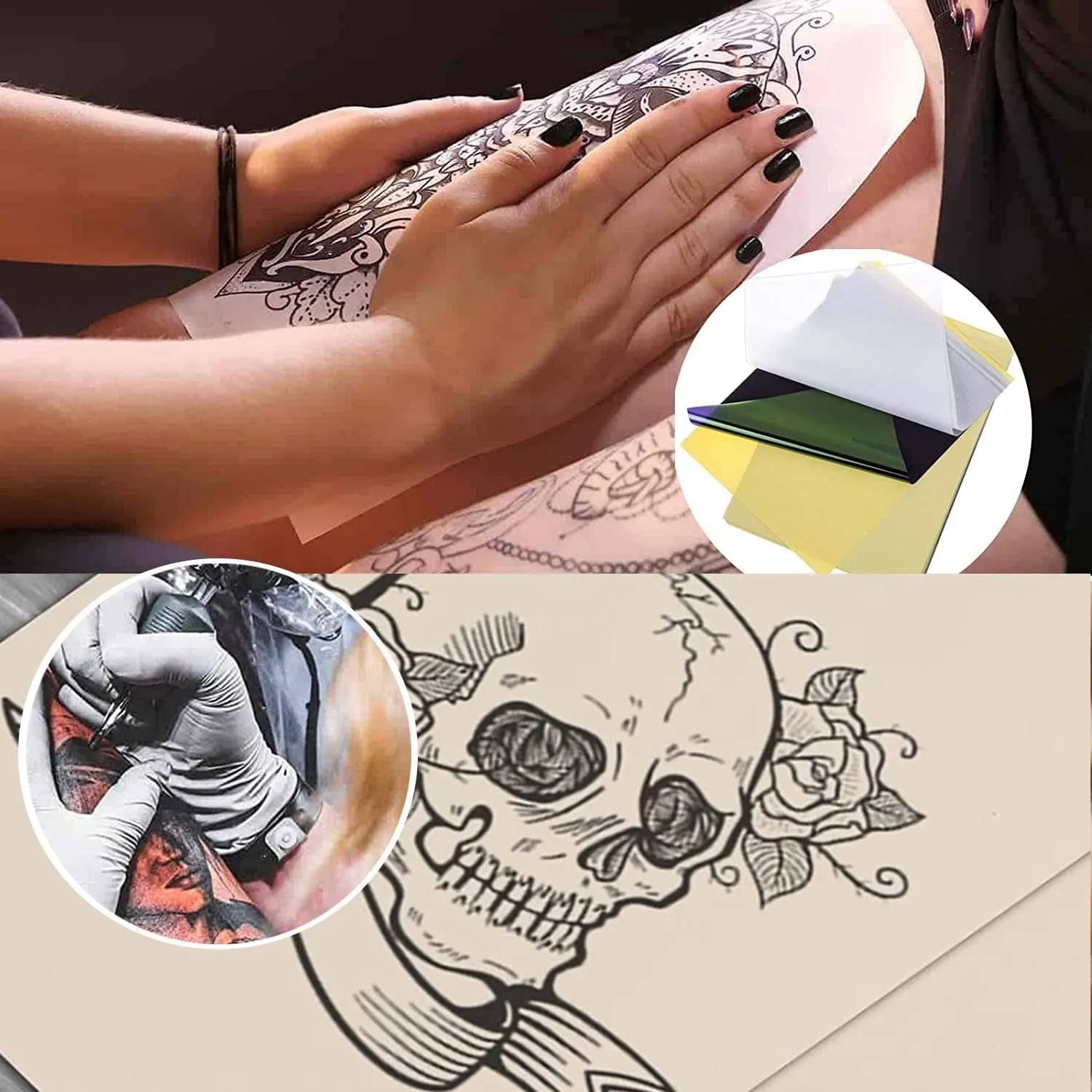 Tattoo Practice Skin with Transfer Paper, Urknall 30PCS Fake Skin and Tracing Paper Kit Including 10PCS Double Sided Skin and 20PCS Stencil Paper for Tattoo Practice Tattoo Supplies